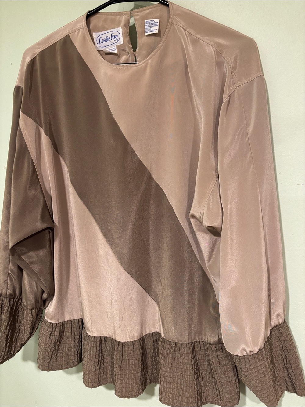 Leslie Fay Taupe and Brown Long-Sleeve Blouse